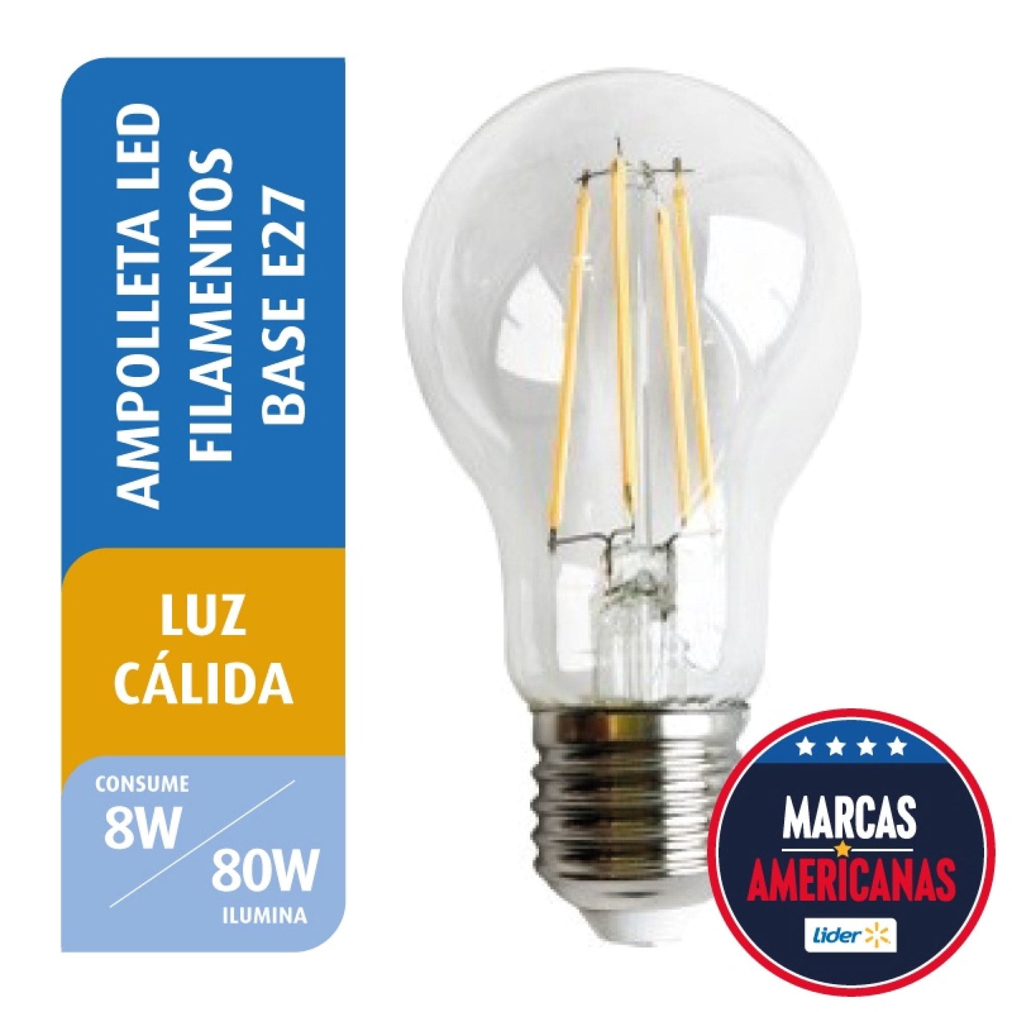 Ampolleta LED Filamento 8W A60 Luz Calida Base E27