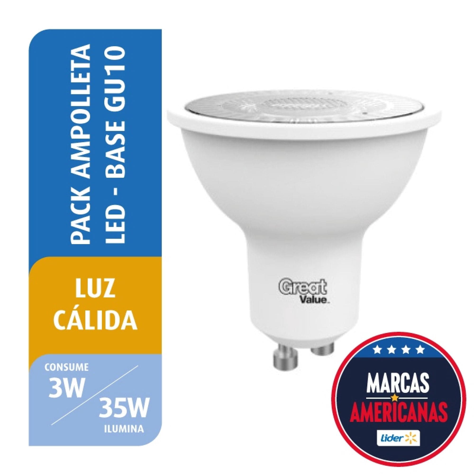 Ampolletas LED 3W Luz Calida Base GU10, Pack 3 Un