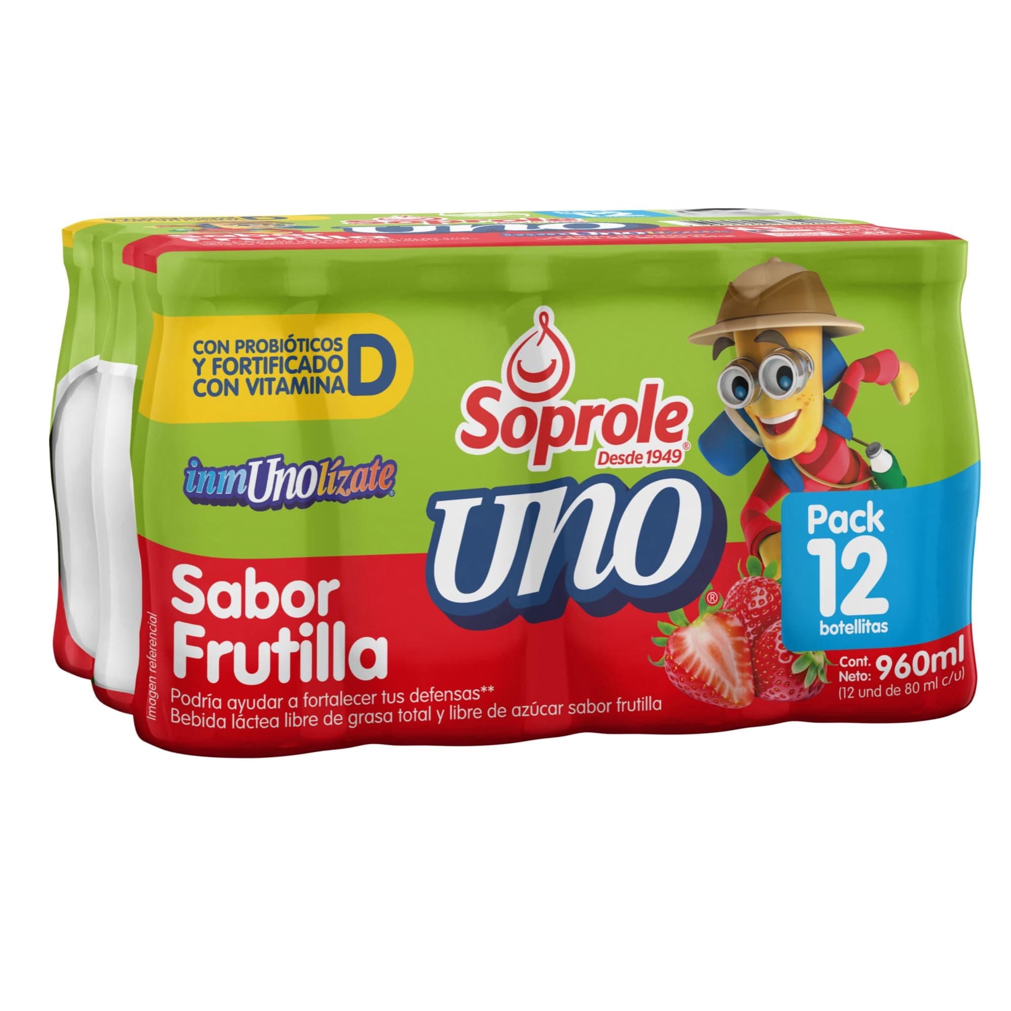 Bebida Lactea Probiotico UNO Sabor Frutilla Pack 12 Botella, 80 ml c/u