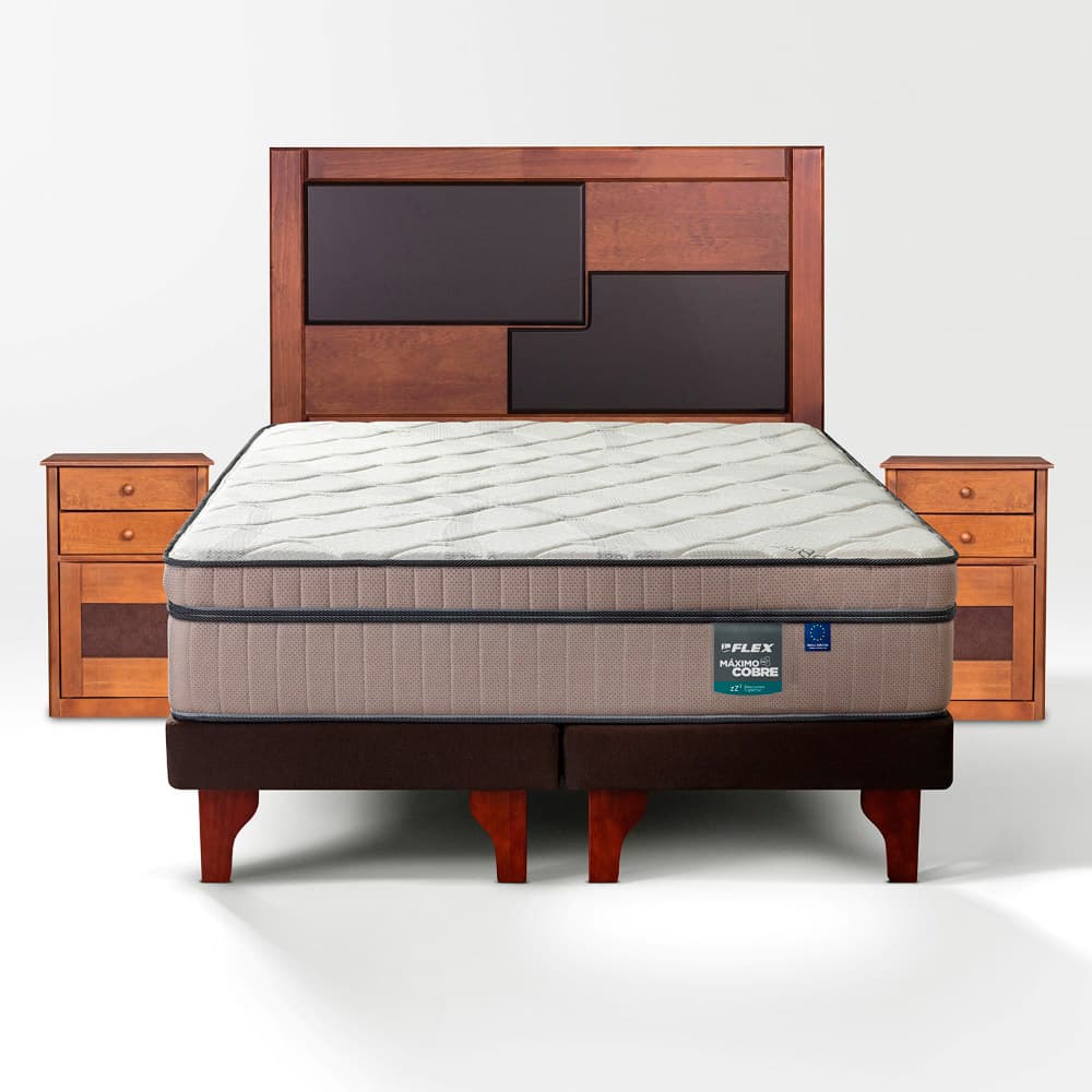 Cama Europea Flex Base Dividida 2 Plazas Maximo Cobre + Respaldo + 2 Veladores Colonia